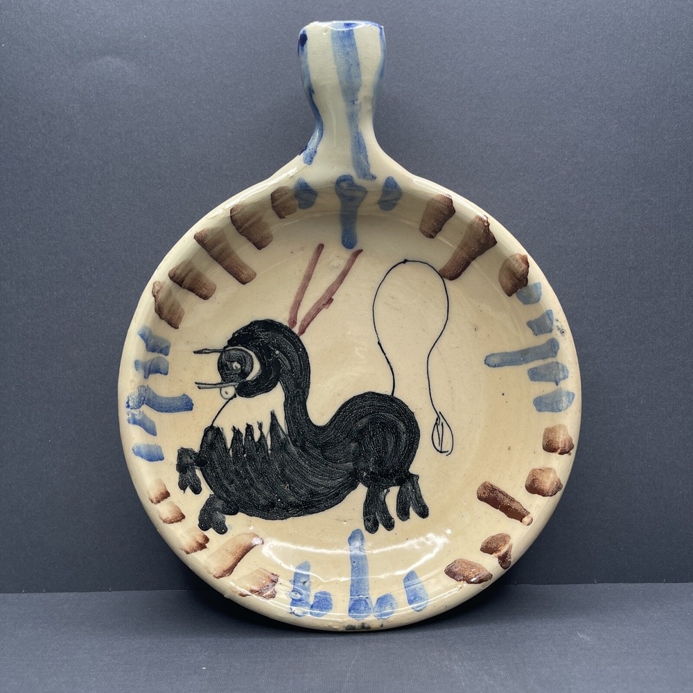 Vtg Midcentury Folk Art Pottery Skillet Bowl European Kitchen Wall Hand Painted